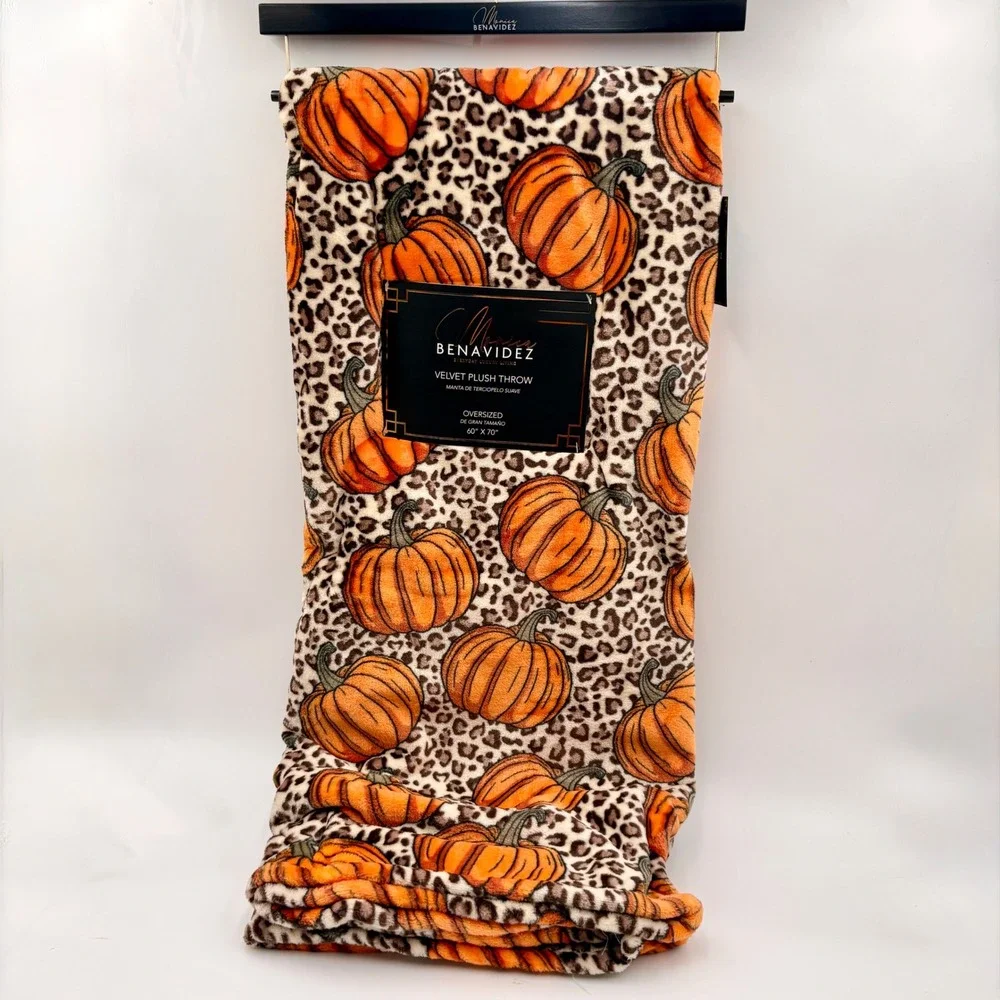 Monica Benavidez Autumn Velvet Plush Throw Blanket Leopard Pumpkin Oversized